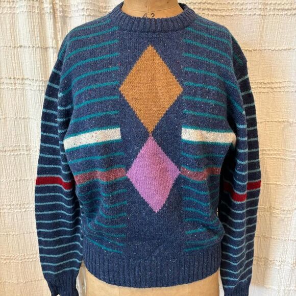Vintage Alexander Julian Sweater Shetland Wool 80's Blue Crewneck Sweater Blue M - Picture 1 of 6